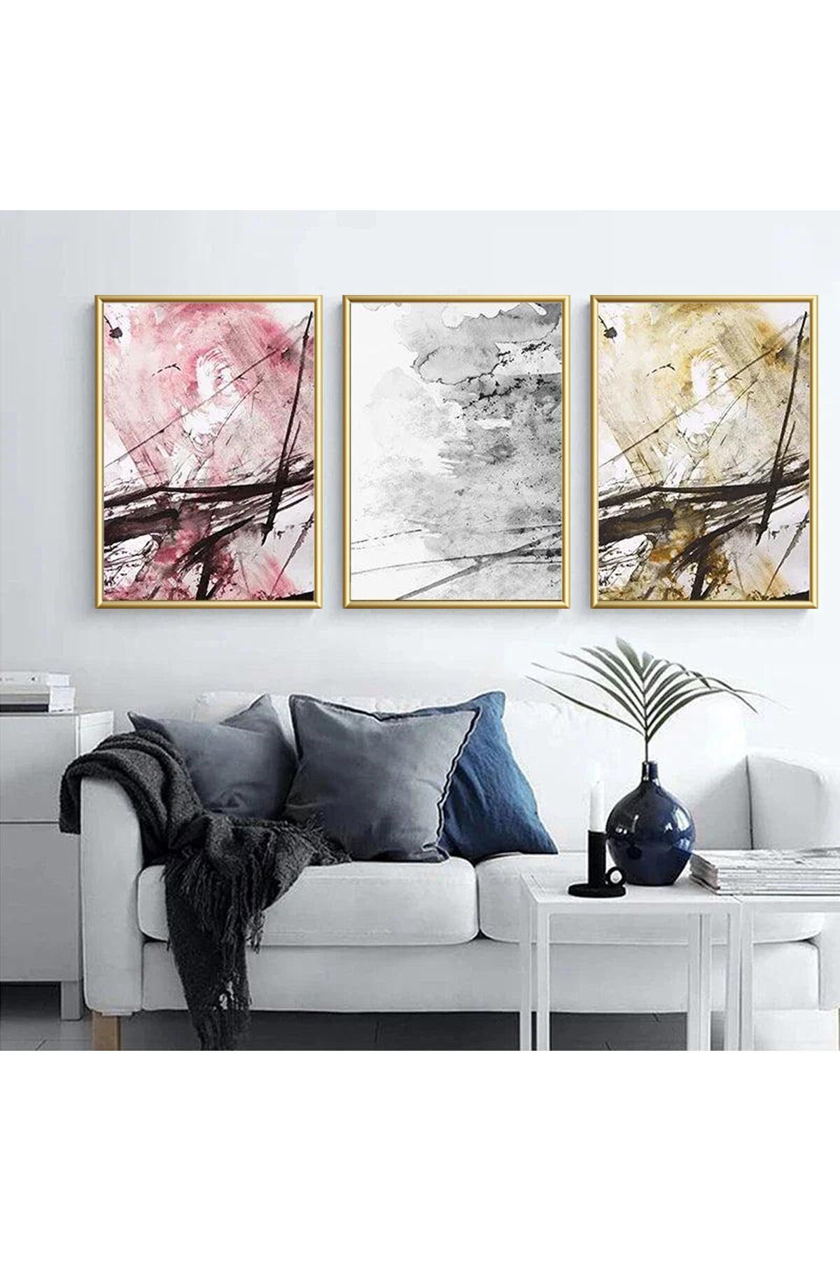 3lü Gold Metal Çerçeve Boya Baskı Gerçek Cam Tablo Seti