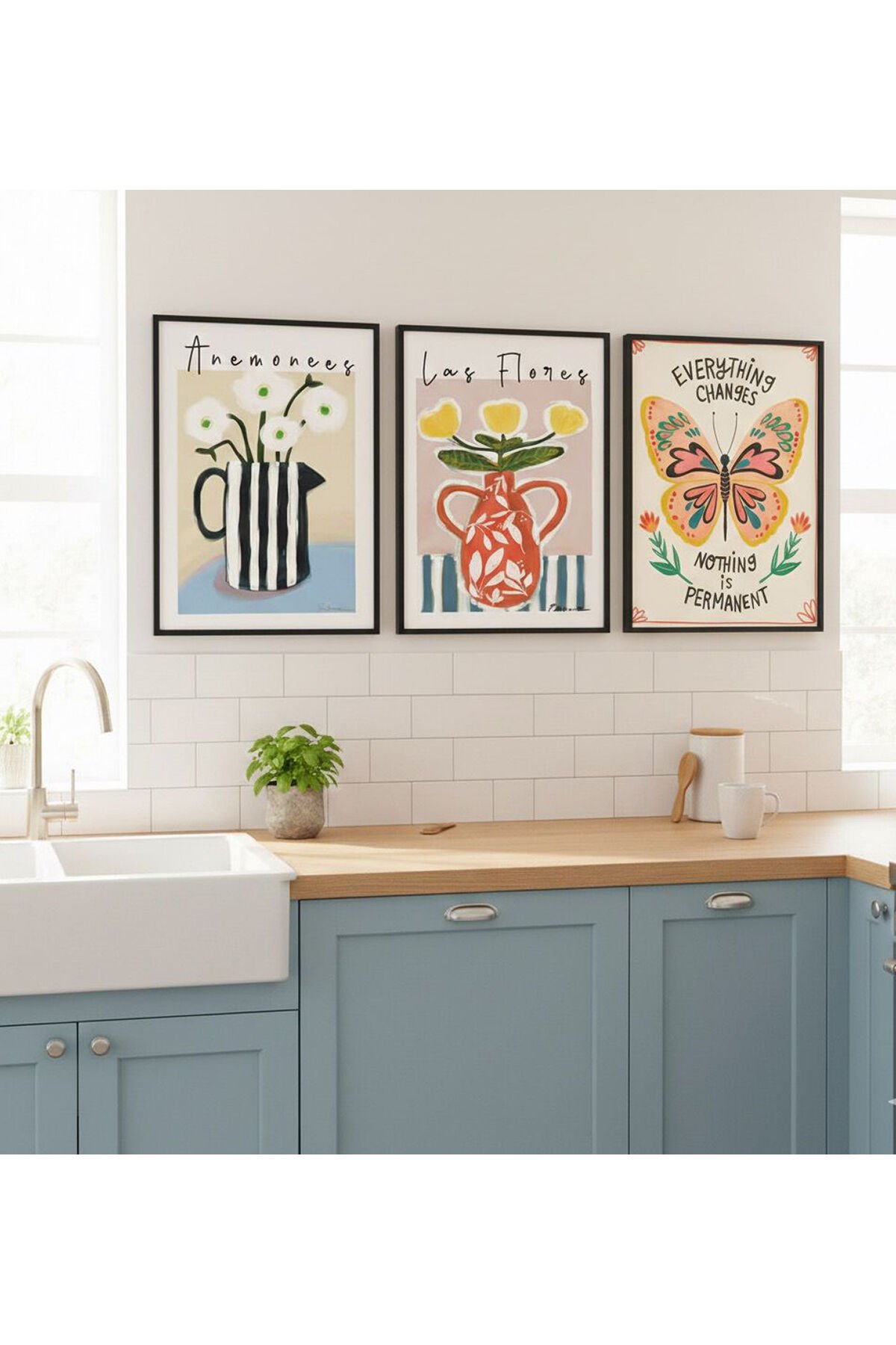 3lü Siyah Metal Çerçeve Kelebek Çiçek Gerçek Cam Tablo Seti