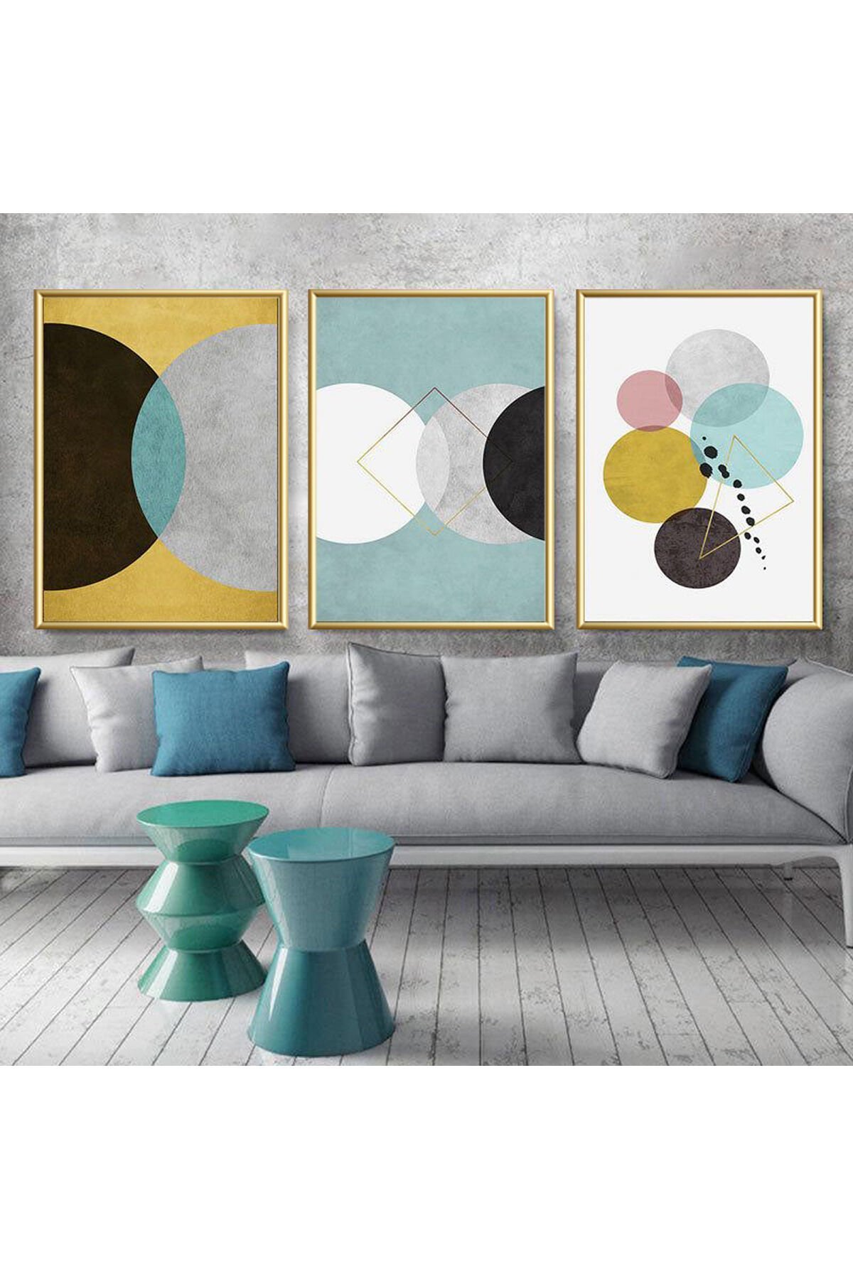 3lü Gold Metal Çerçeve Mavi Sarı Geometrik Gerçek Cam Tablo Seti
