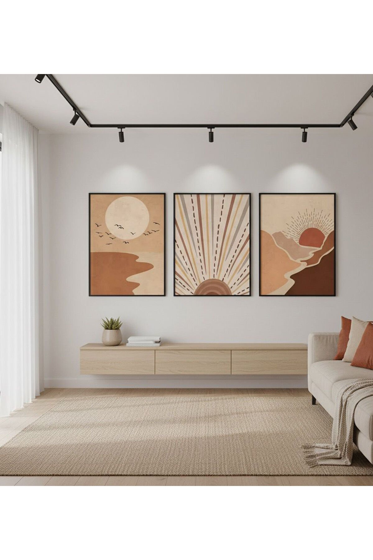 3lü Siyah Metal Çerçeve Dağ Kuşlar Gerçek Cam Tablo Seti