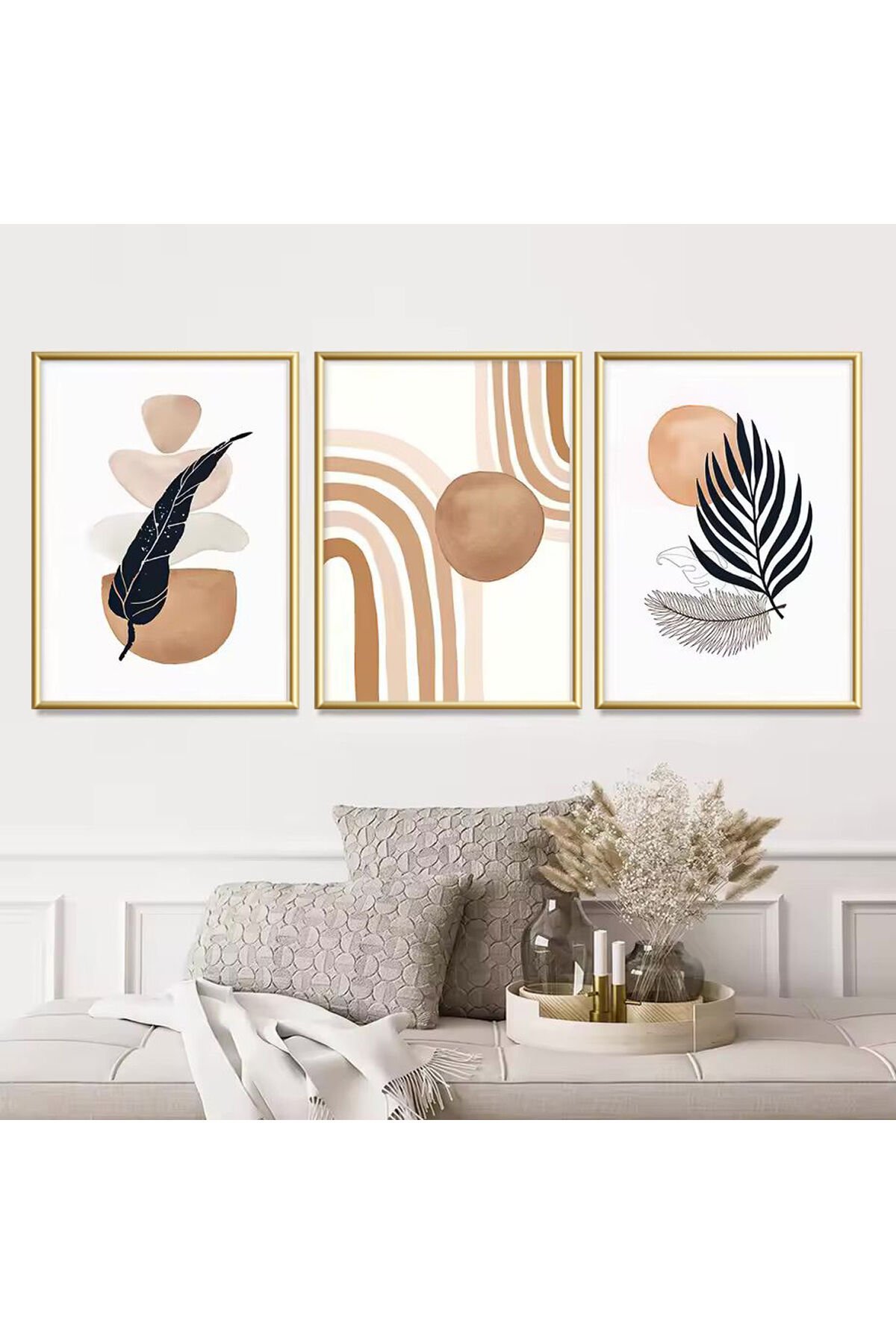 3lü Gold Metal Çerçeve Bohem İskandinav Gerçek Cam Tablo Seti