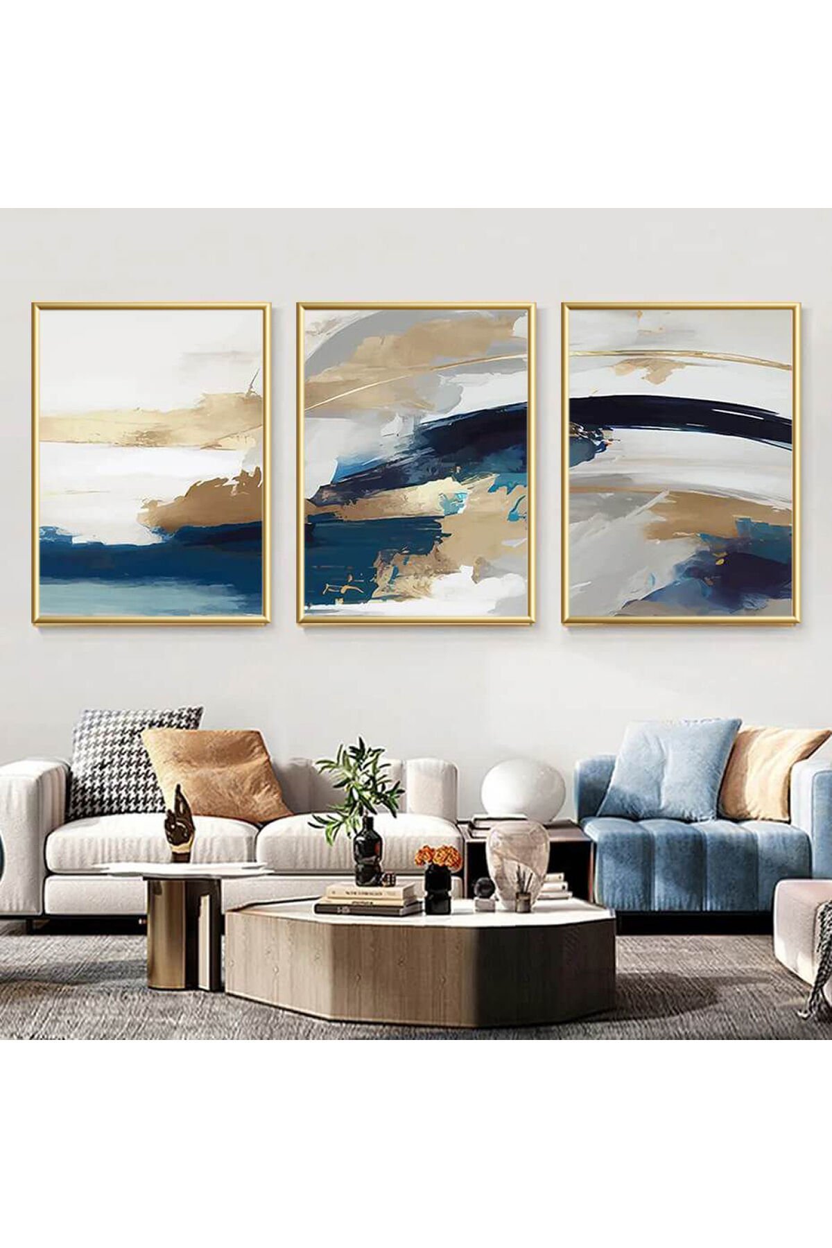 3lü Gold Metal Çerçeve Modern Lacivert Gerçek Cam Tablo Seti