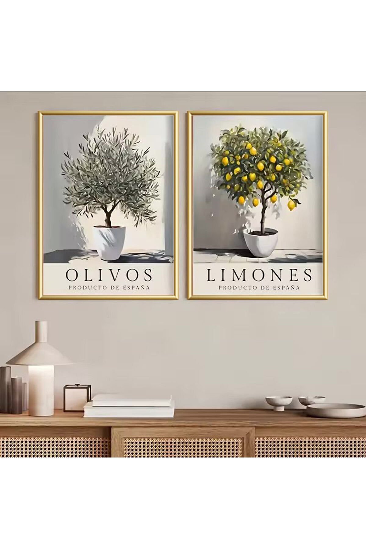 2li Gold Metal Çerçeve Zeytin Limon Gerçek Cam Tablo Seti