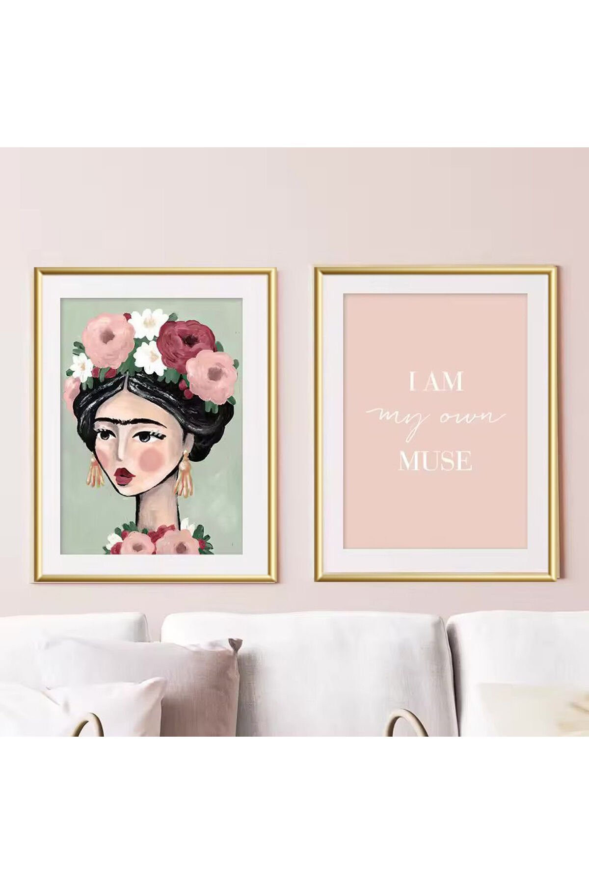 2li Gold Metal Çerçeve Frida Pembe Gerçek Cam Tablo Seti