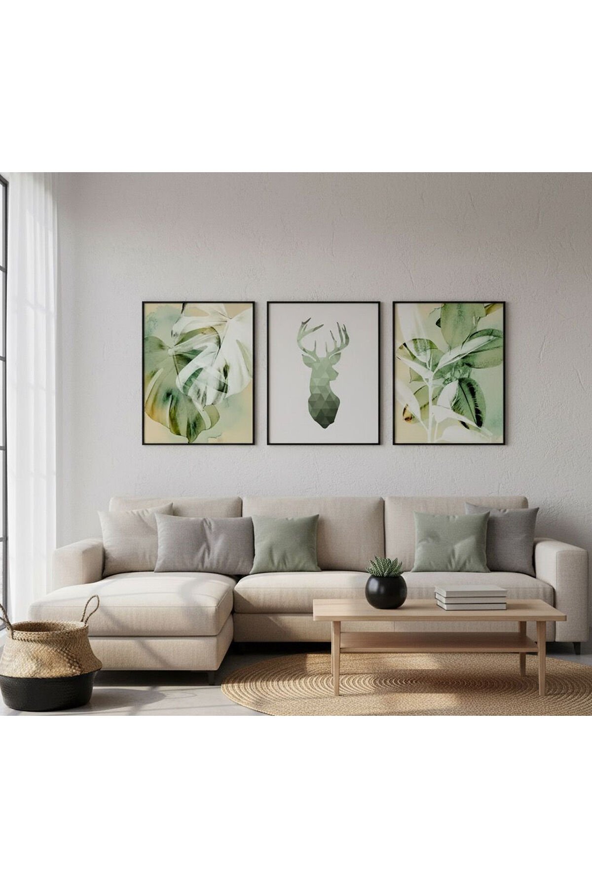 3lü Siyah Metal Çerçeve Yeşil Geyik Yaprak Cam Tablo Seti