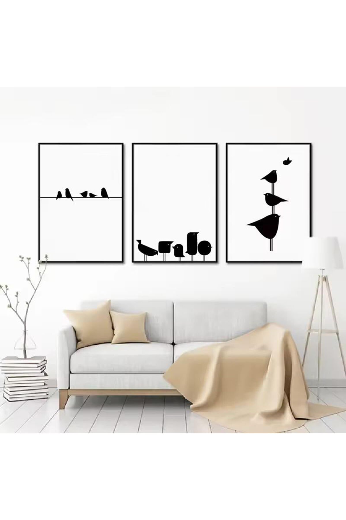 3lü Siyah Metal Çerçeve Soyut Kuşlar Gerçek Cam Tablo Seti