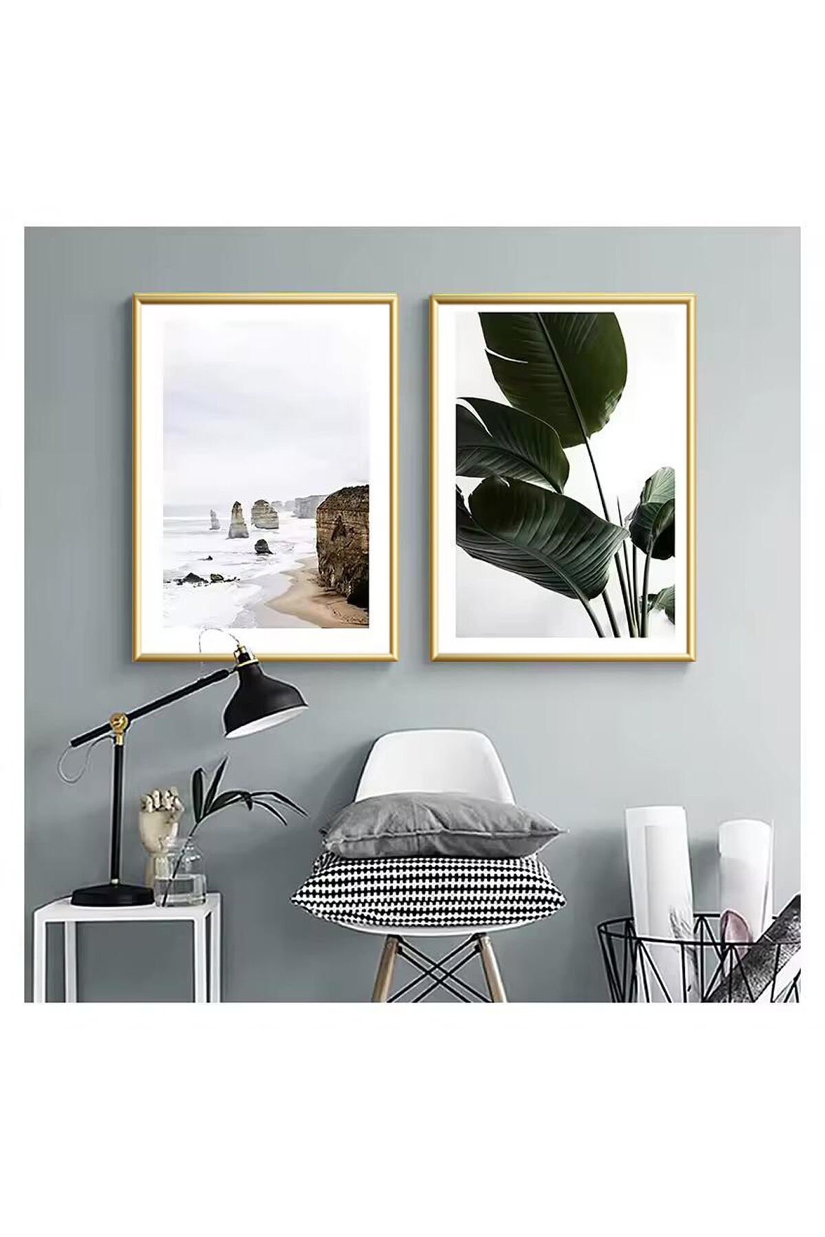 2li Gold Metal Çerçeve Yaprak Doğa Gerçek Cam Tablo Seti