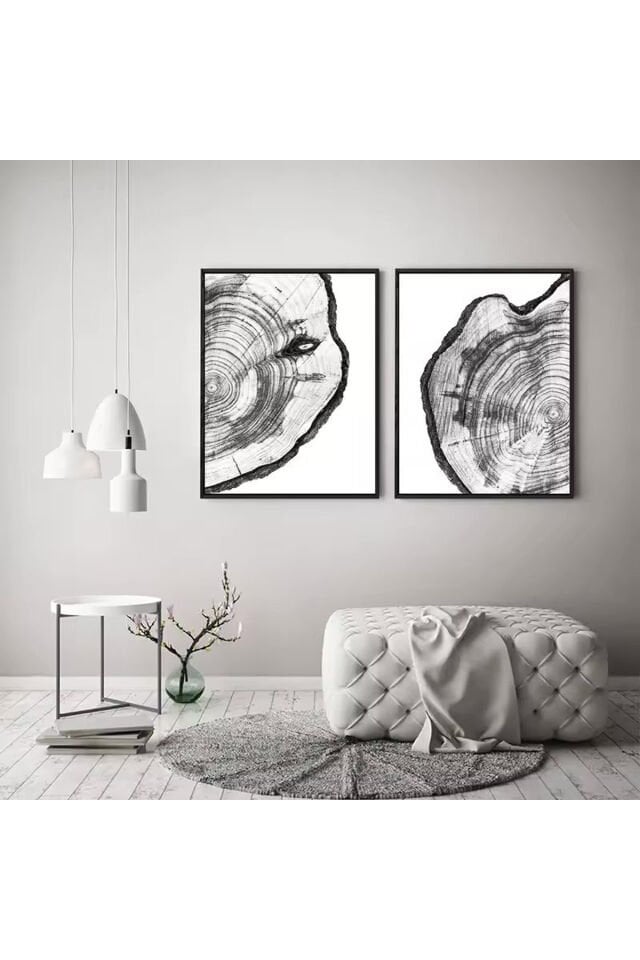 2li Siyah Metal Çerçeve Ağaç Hare Gerçek Cam Tablo Seti