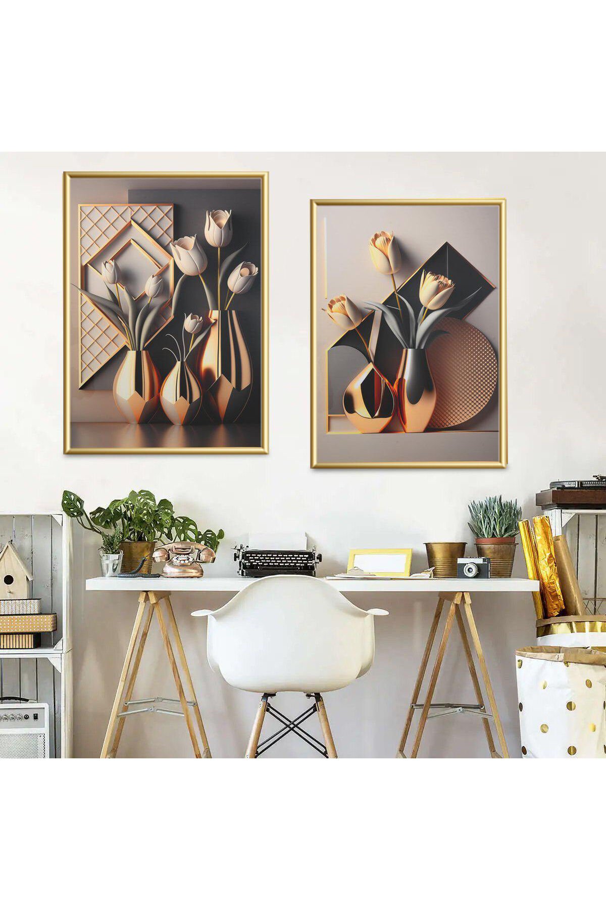 2li Gold Metal Çerçeve Bronz Saksı Gerçek Cam Tablo Seti