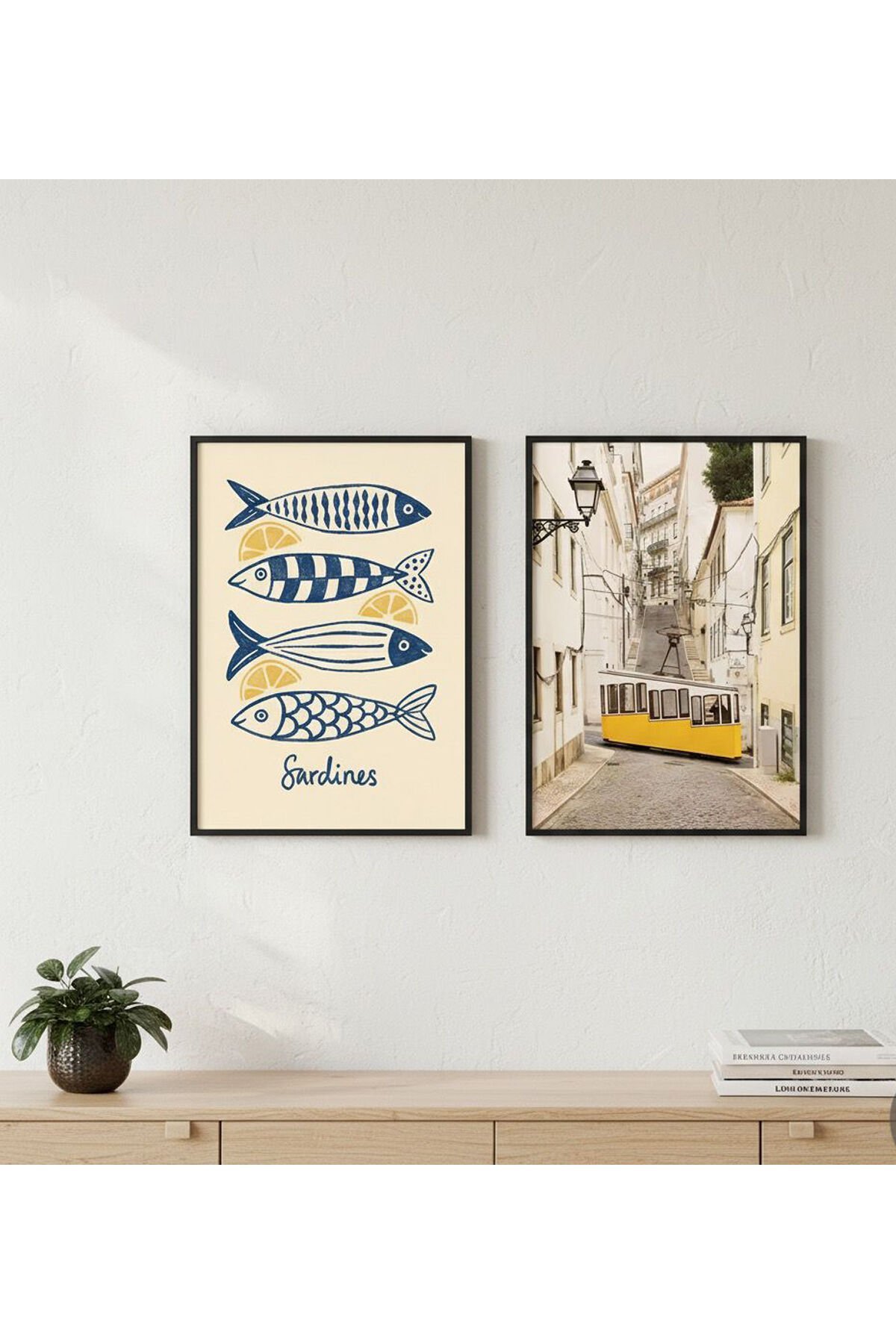 2li Siyah Metal Çerçeve Tramvay Balık Gerçek Cam Tablo Seti