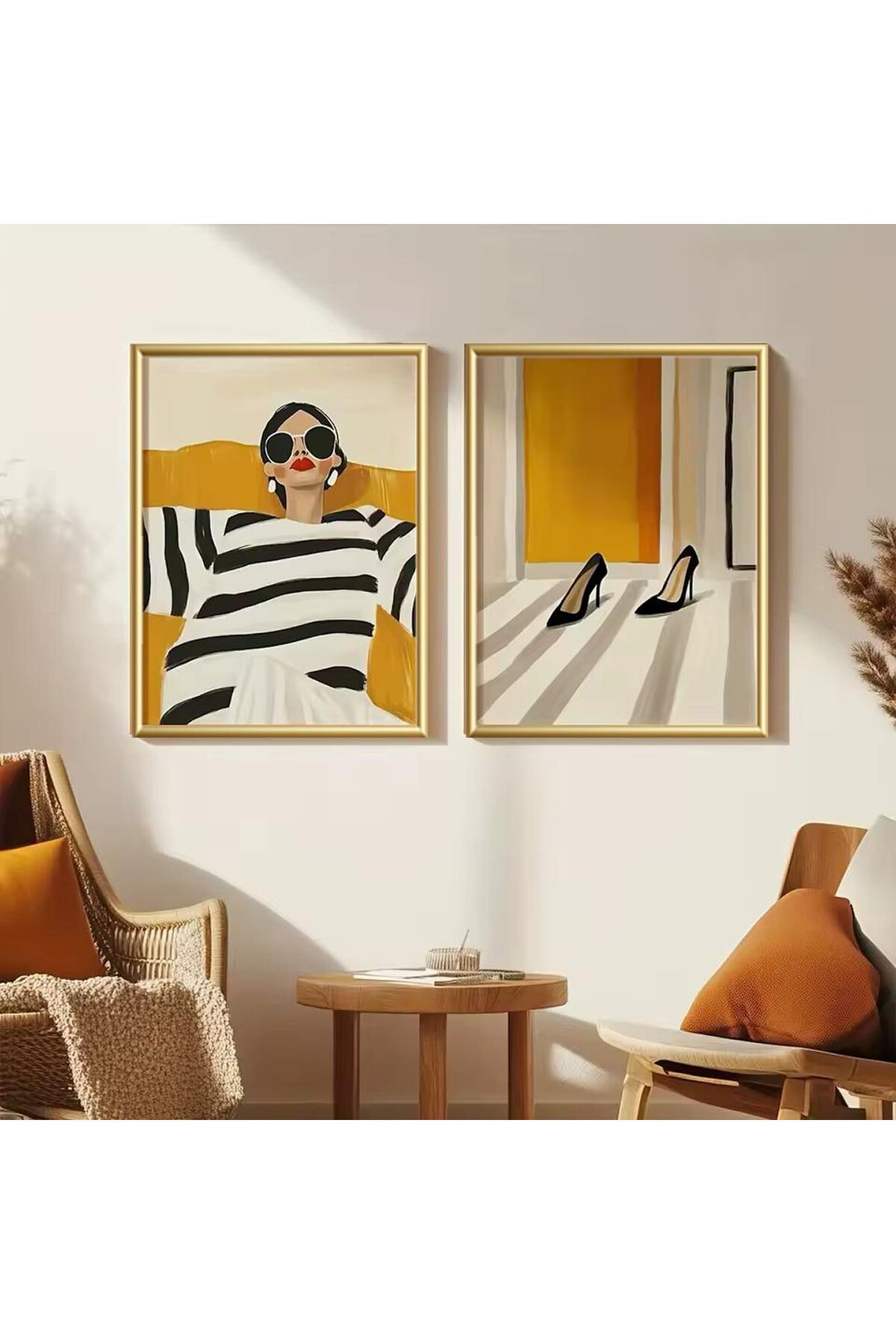 2li Gold Metal Çerçeve Kadın Moda Gerçek Cam Tablo Seti