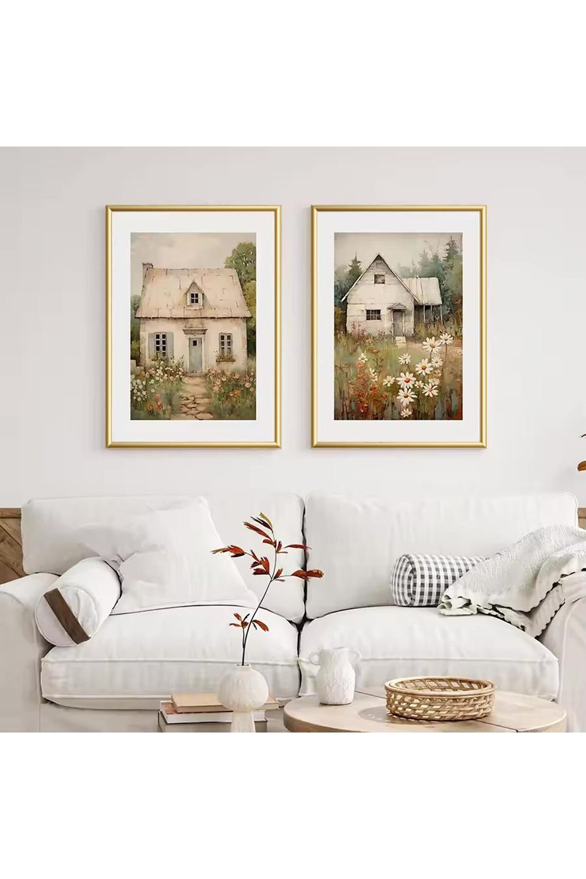 2li Gold Metal Çerçeve Doğa Ev Gerçek Cam Tablo Seti
