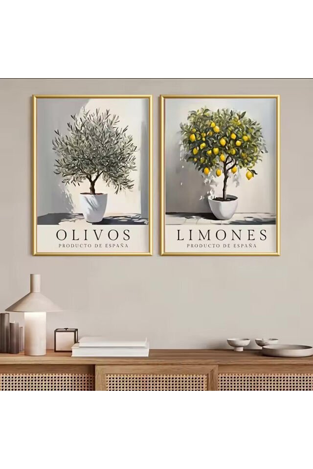2li Gold Metal Çerçeve Zeytin Limon Gerçek Cam Tablo Seti Gold - 60 X 90
