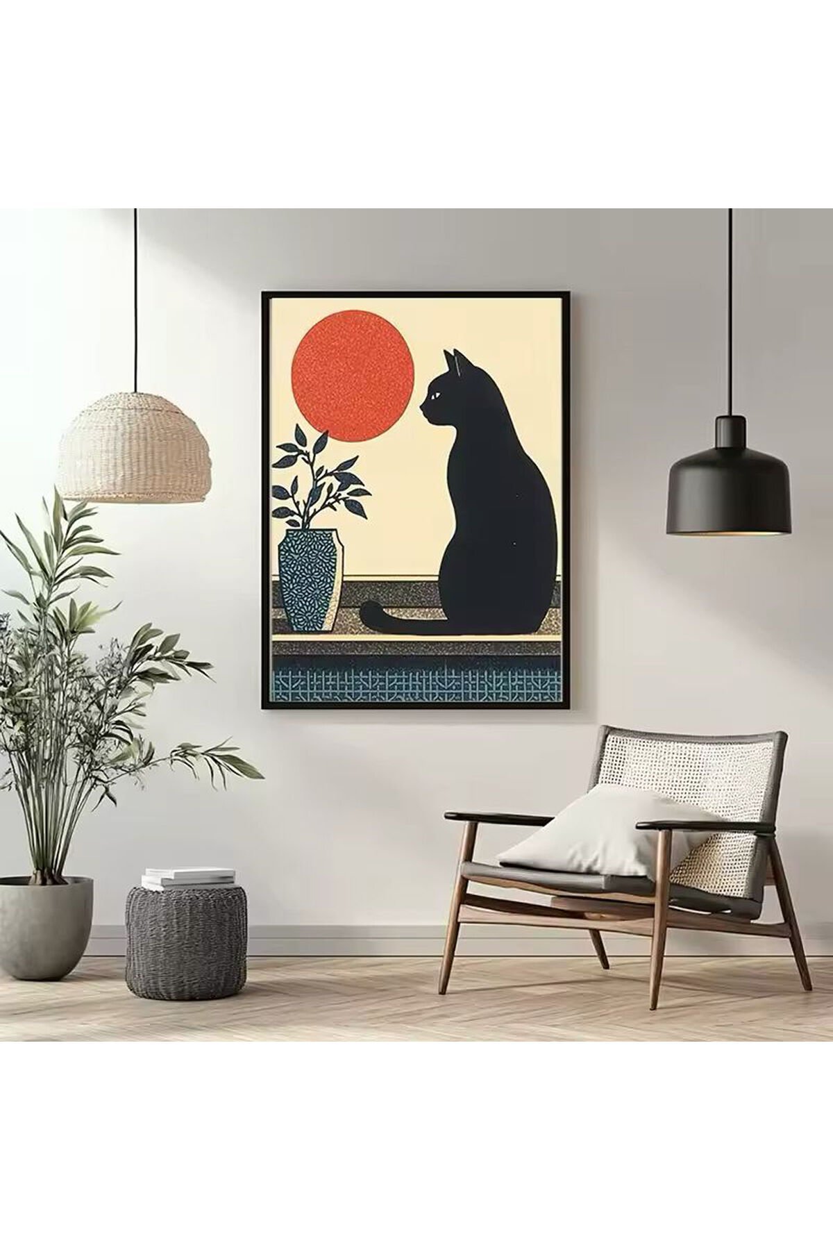 Tekli Siyah Metal Çerçeve Kara Kedi Gerçek Cam Tablo Seti