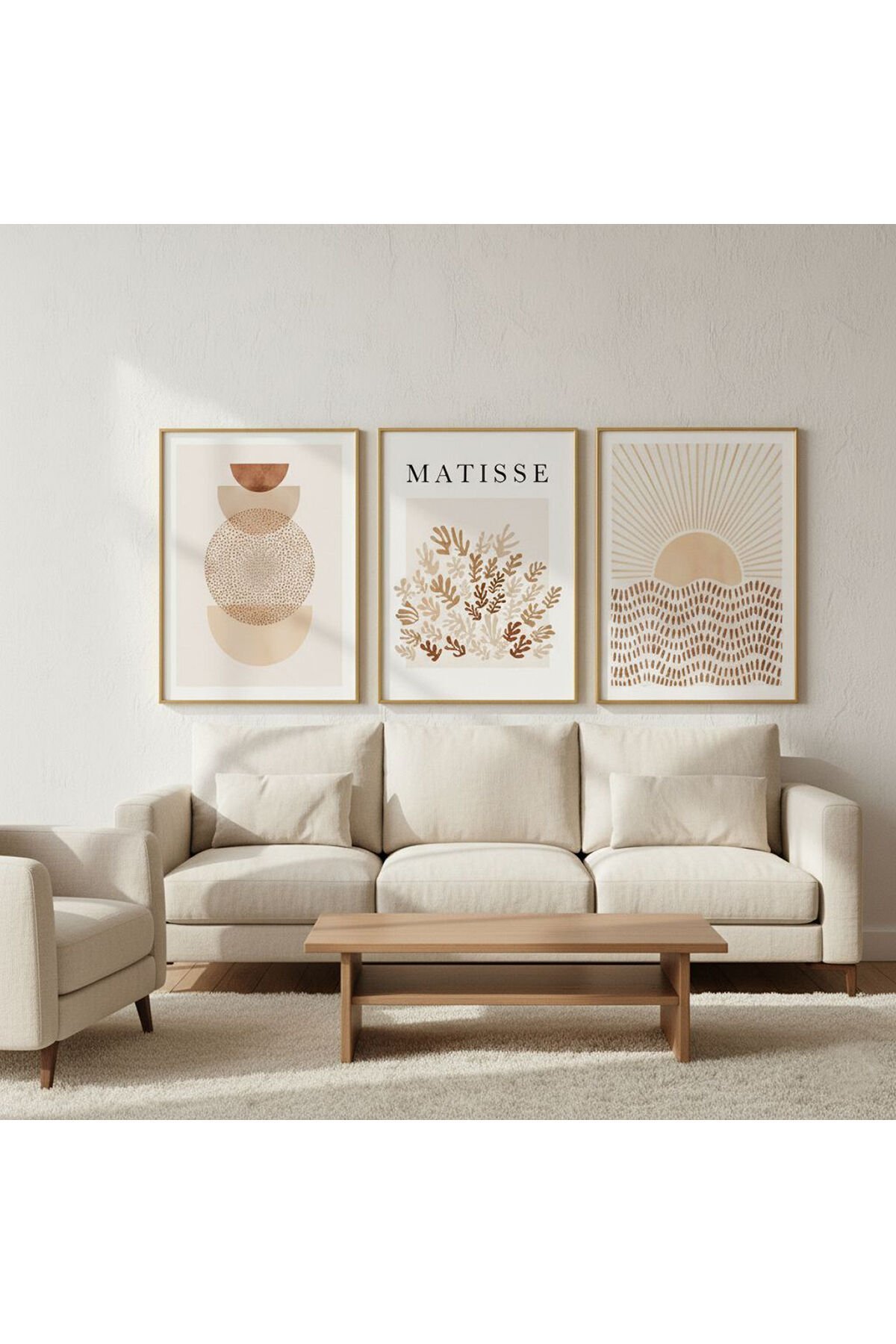 Üçlü Gold Metal Çerçeve Soft Matisse Poster Cam Tablo Seti