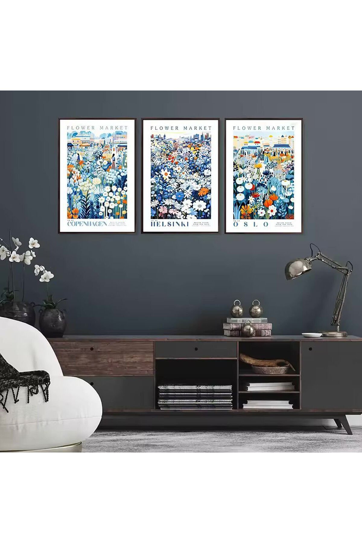 3lü Siyah Metal Çerçeve İskandinav Mavi Flower Cam Tablo Seti