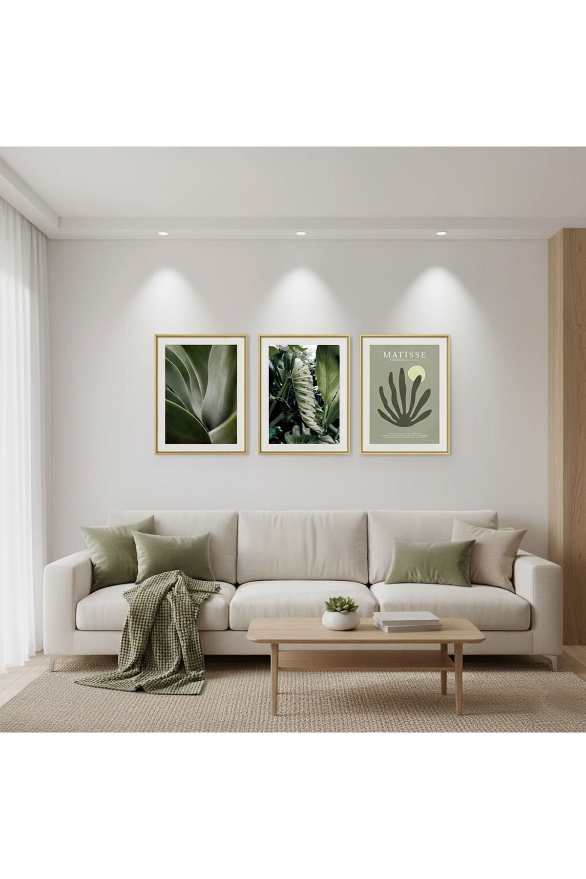 Üçlü Gold Metal Çerçeve Yeşil Yaprak Camlı Poster Tablo Seti