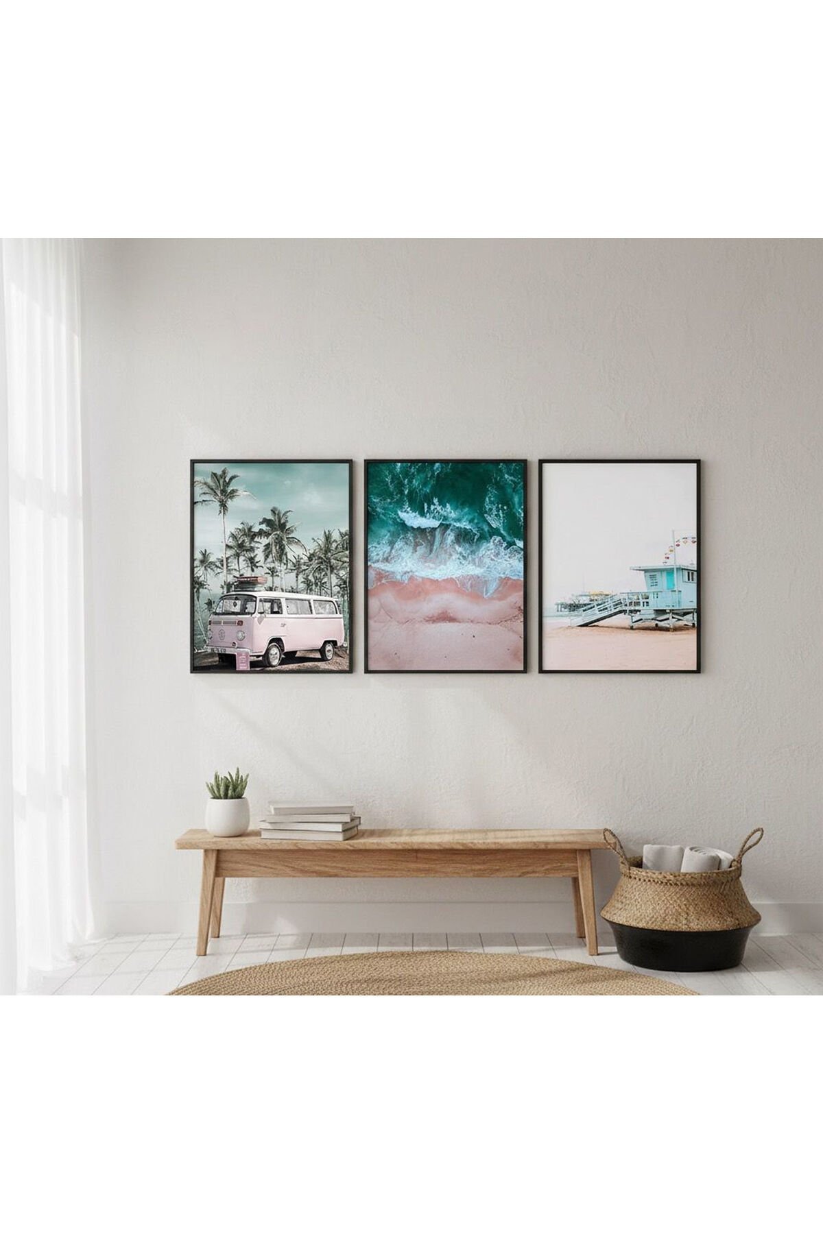 3lü Siyah Metal Çerçeve Karacan Plaj Pembe Cam Tablo Seti