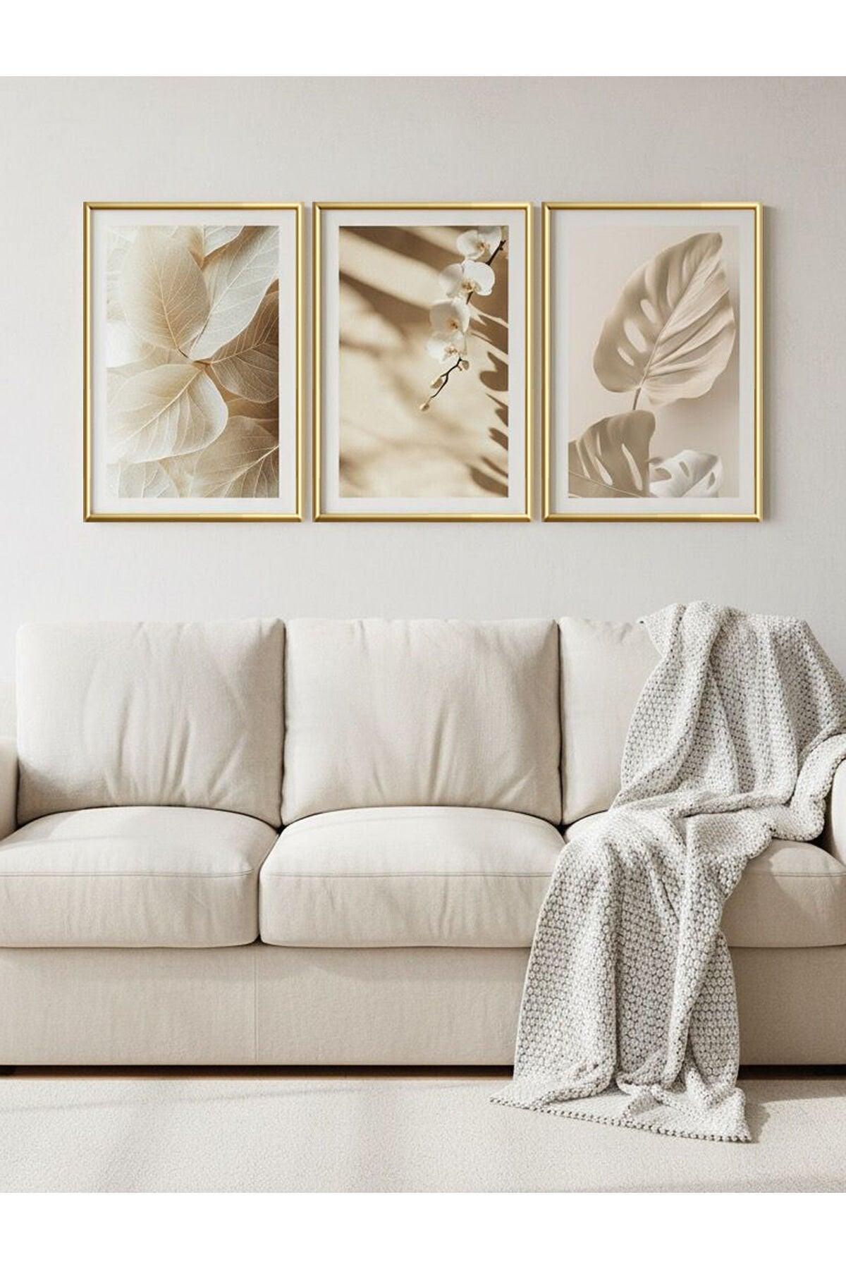Üçlü Gold Metal Çerçeve Soft Krem Yaprak Cam Tablo Seti