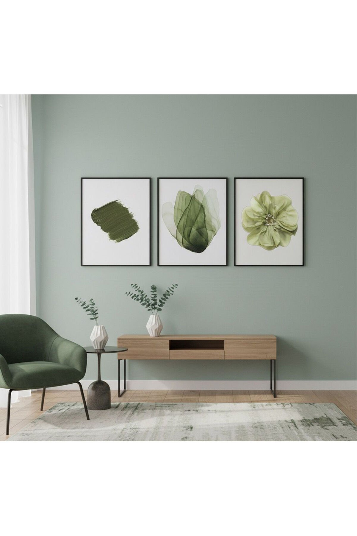 3lü Siyah Metal Çerçeve Yeşil Çiçek Gerçek Cam Tablo Seti