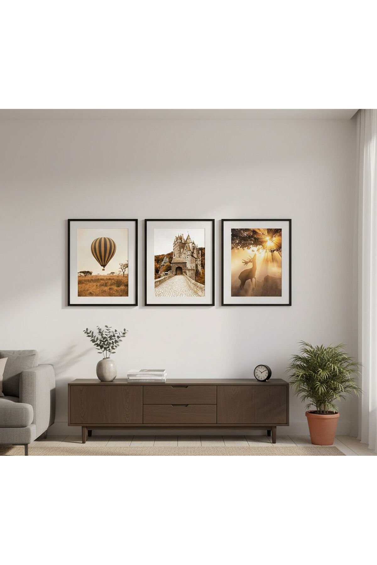 3lü Siyah Metal Çerçeve Geyik Şato Gerçek Cam Tablo Seti