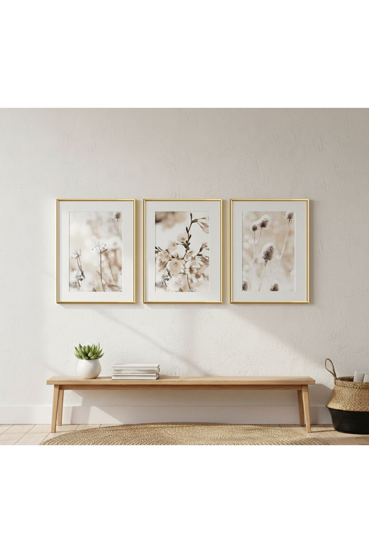 Üçlü Gold Metal Çerçeve Soft Beyaz Çiçekler Cam Tablo Seti