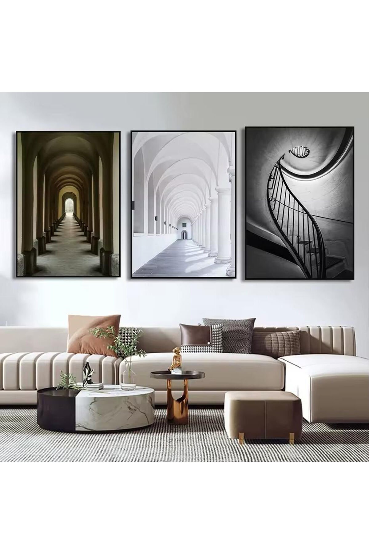 3lü Siyah Metal Çerçeve Mimari Merdiven Gerçek Cam Tablo Seti