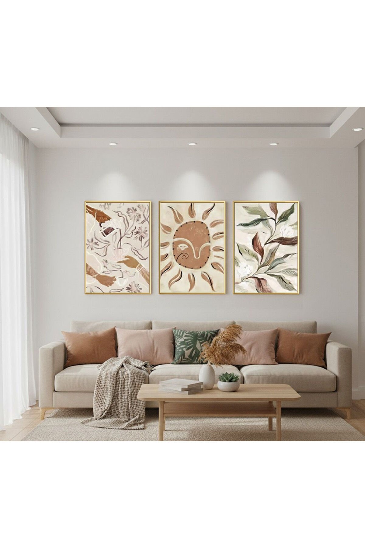 Üçlü Gold Metal Çerçeve Soyut Afrika Poster Camlı Tablo Seti