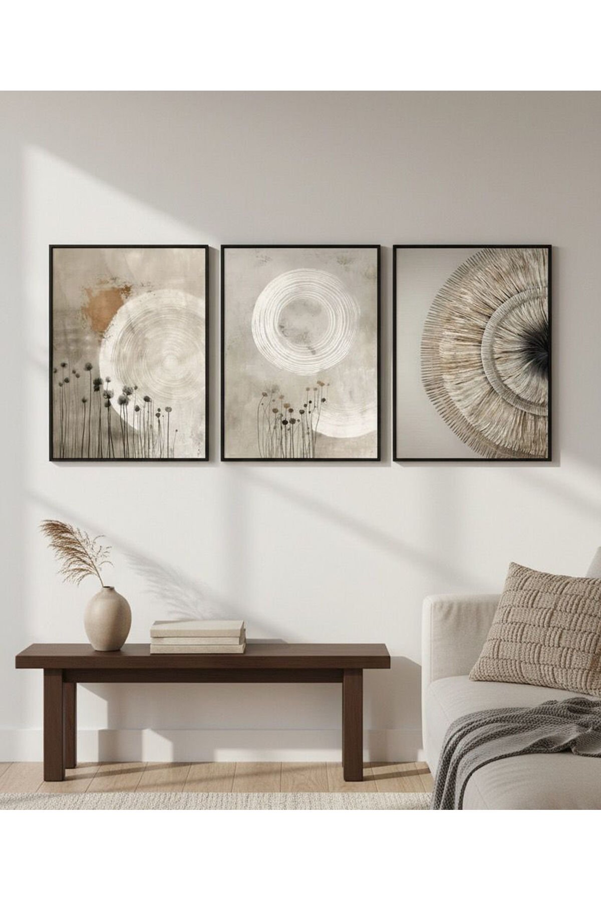3lü Siyah Metal Çerçeve Tasarım Gri Gerçek Cam Tablo Seti