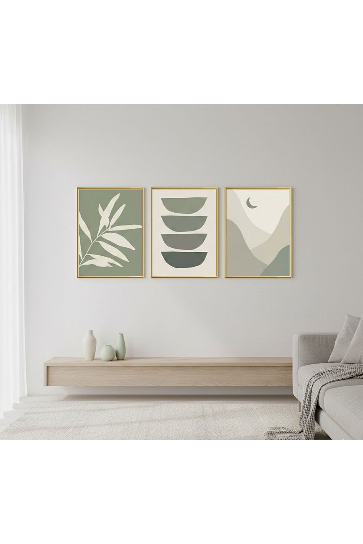 Üçlü Gold Metal Çerçeve Soft Yeşil Bohem Cam Tablo Seti