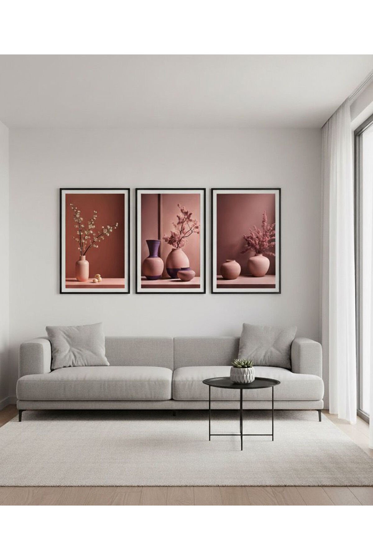 3lü Siyah Metal Çerçeve Vazo Pembe Gerçek Cam Tablo Seti