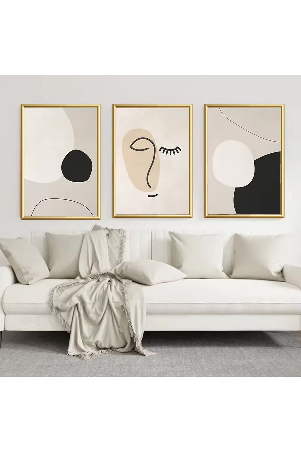 Üçlü Gold Metal Çerçeve Bej Bohem Cam Tablo Seti