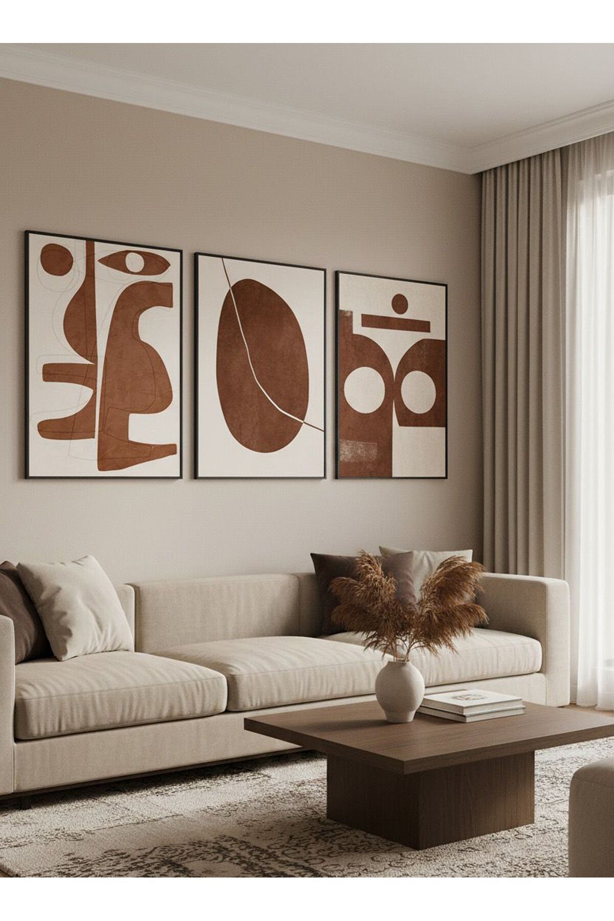 3lü Siyah Metal Çerçeve Kahve Soyut Modern Cam Tablo Seti
