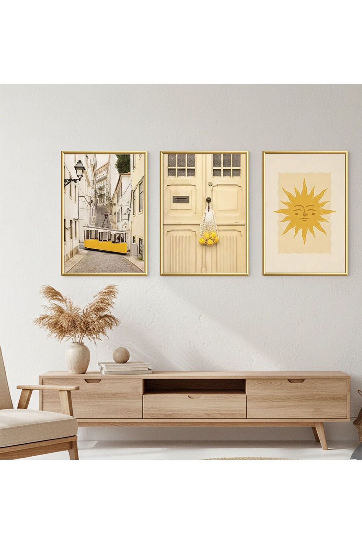 Üçlü Gold Metal Çerçeve Sarı Tramvay Limon Cam Tablo Seti