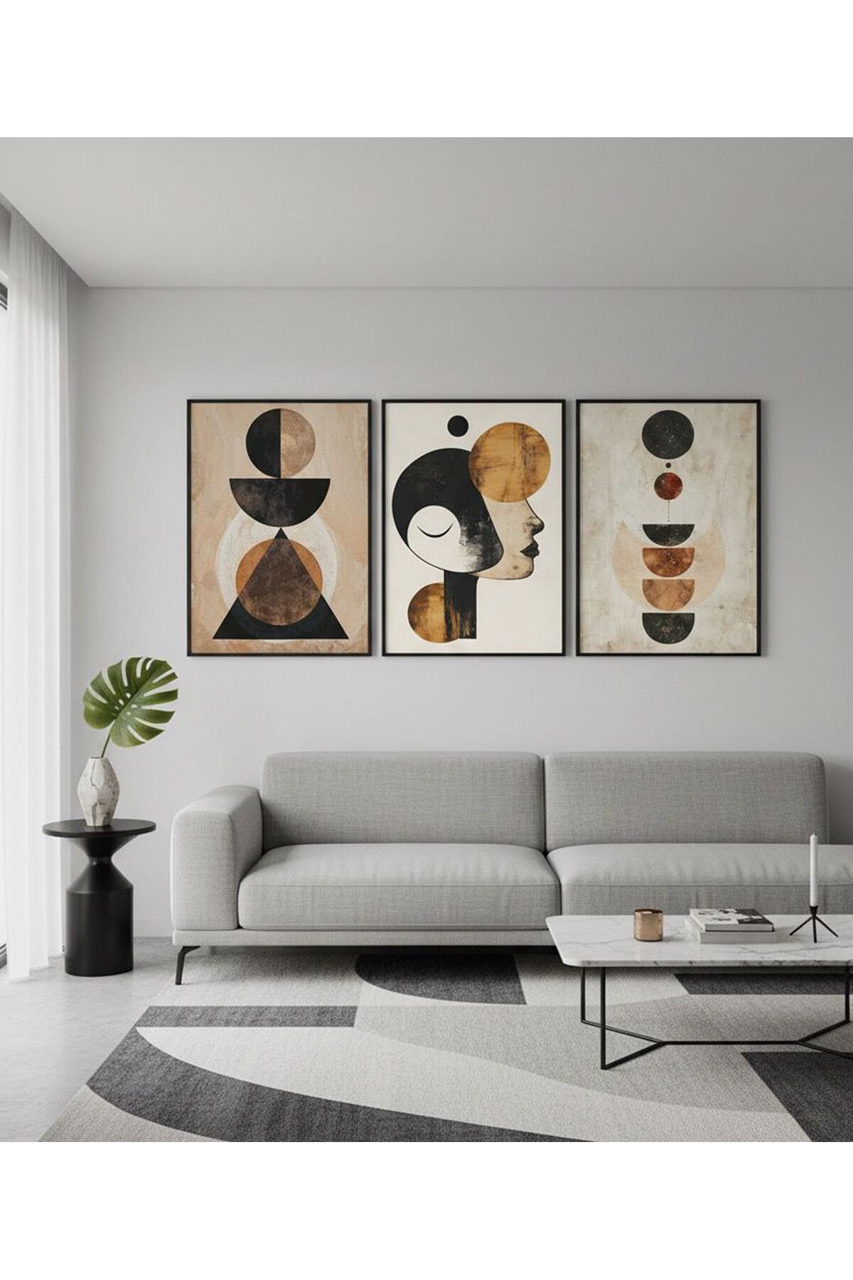 3lü Siyah Metal Çerçeve Kahverengi Soyut Sanatsal Cam Tablo Seti