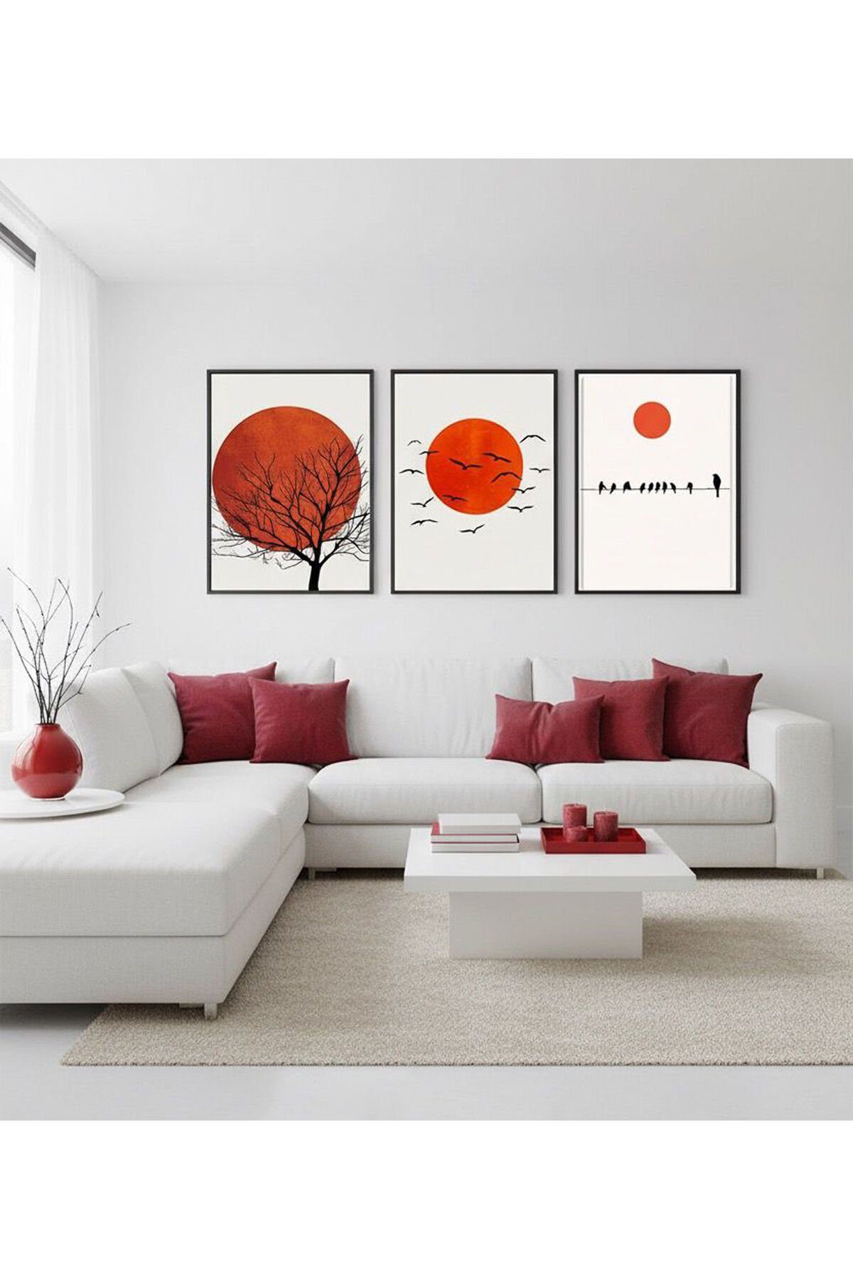 3lü Siyah Metal Çerçeve Kırmızı Güneş Kuşlar Cam Tablo Seti