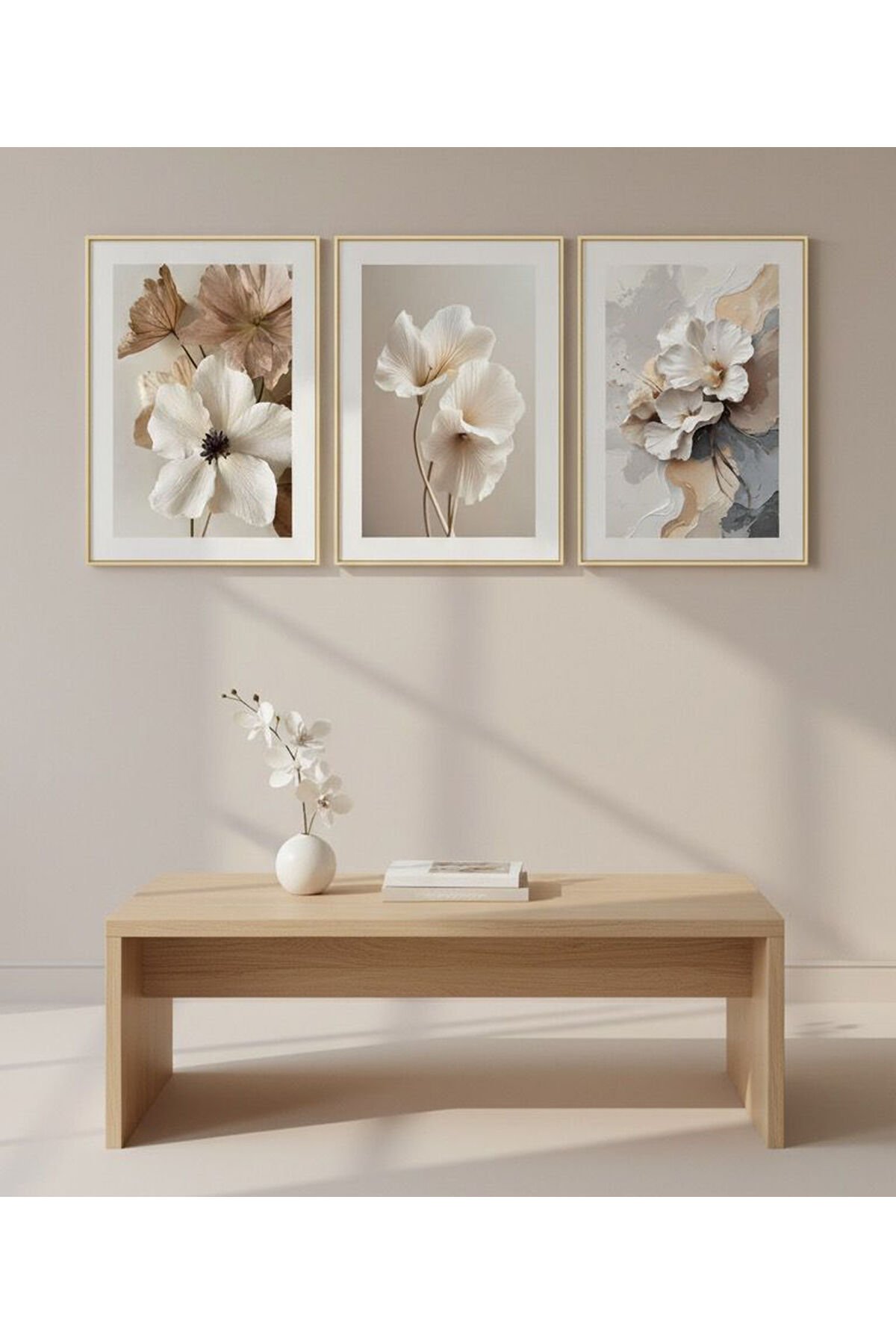 Üçlü Gold Metal Çerçeve Soft Çiçek Cam Tablo Seti