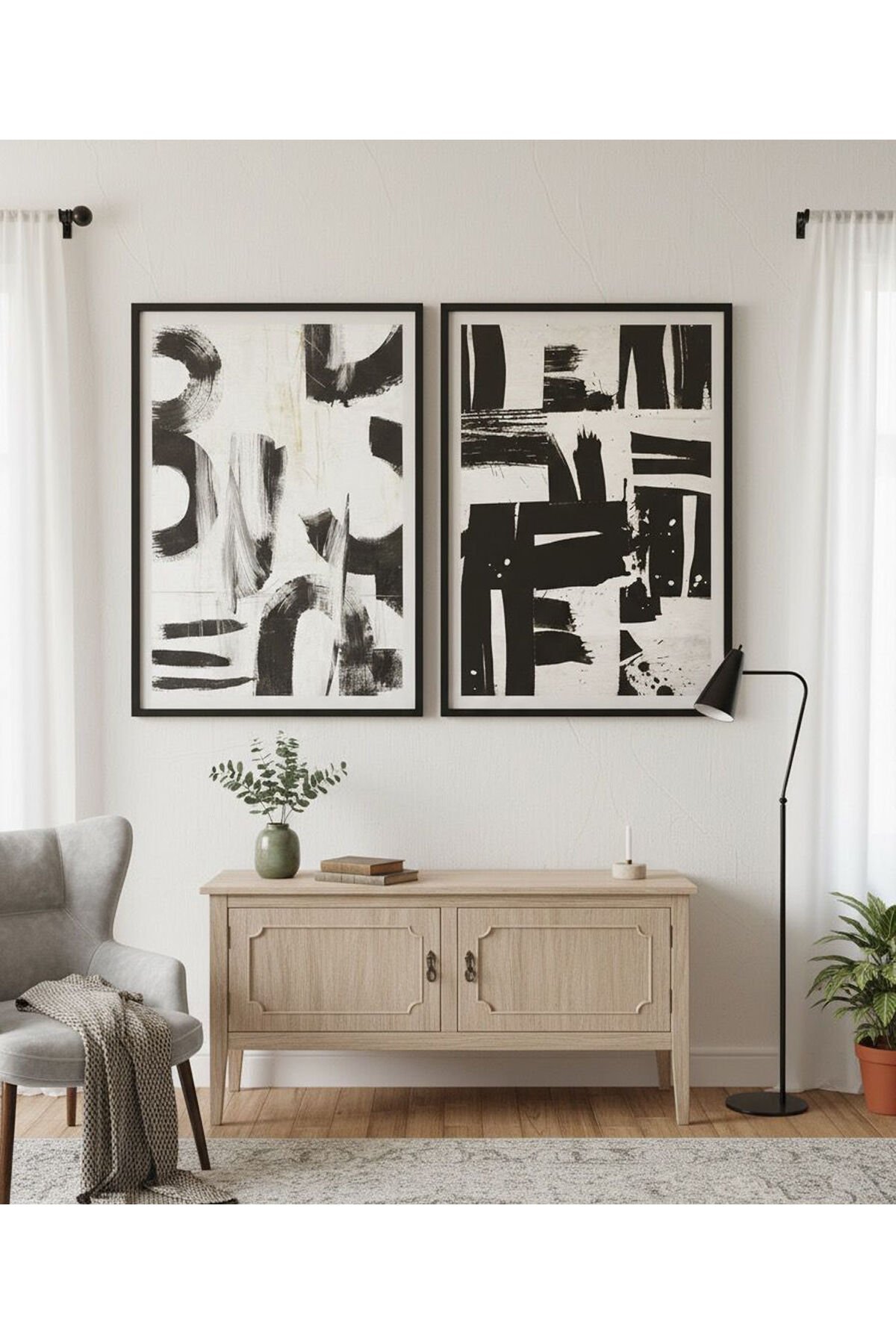 2li Siyah Metal Çerçeve Beyaz Sanatsal Moda Camlı Tablo Seti