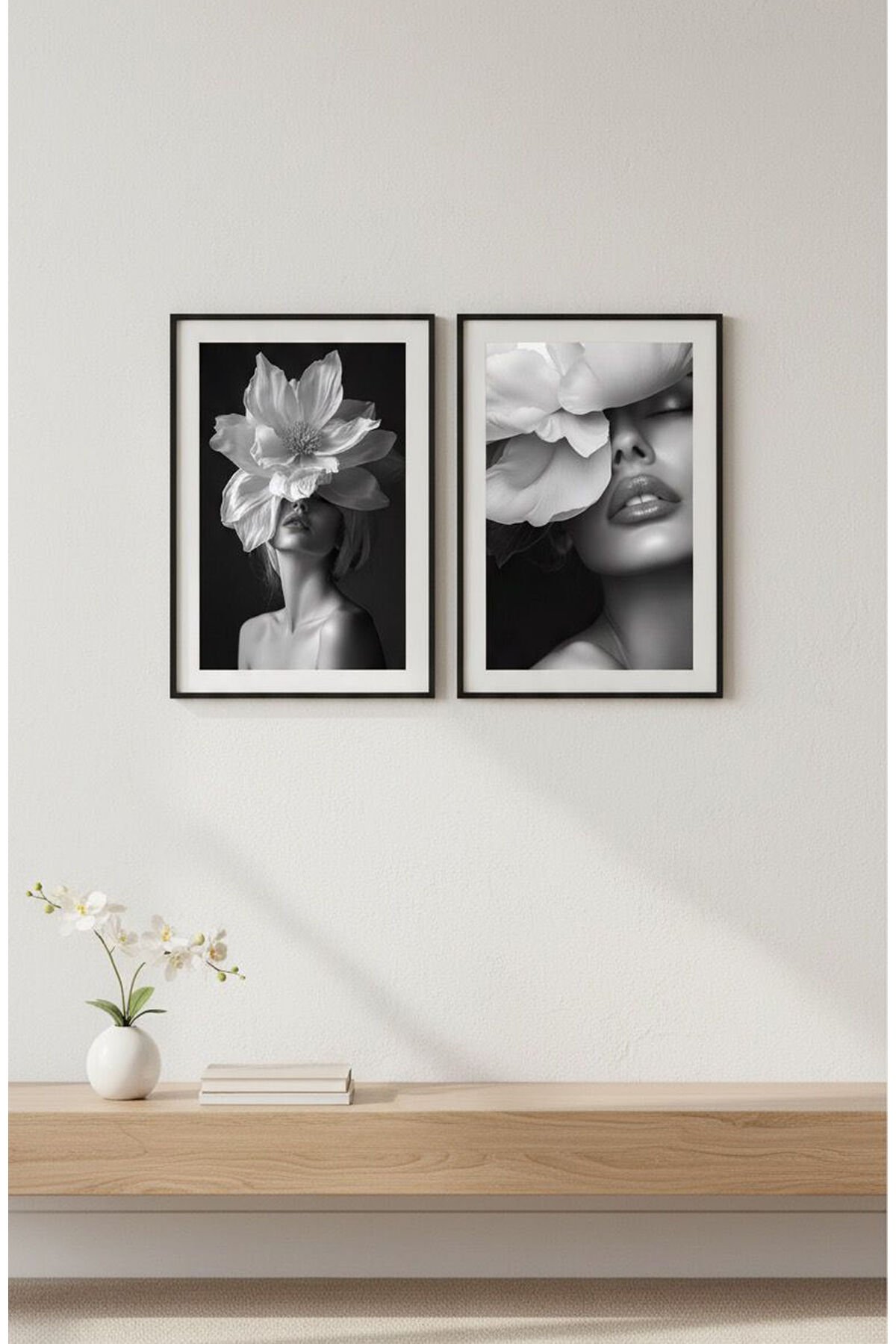 2li Siyah Metal Çerçeve Kadın Çiçek Gerçek Camlı Tablo Seti