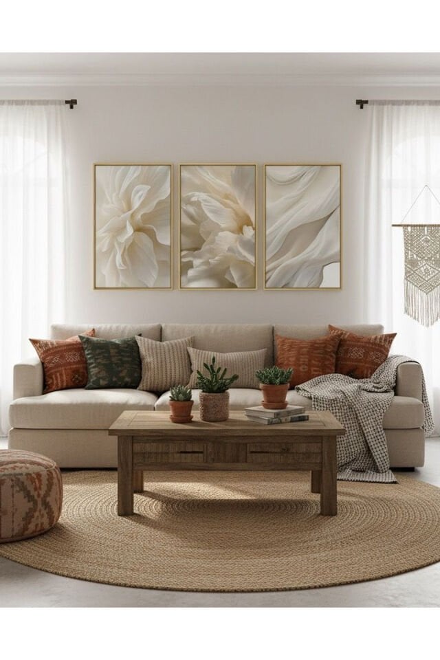 Üçlü Gold Metal Çerçeve Beyaz Çiçekler Camlı Poster Tablo Seti