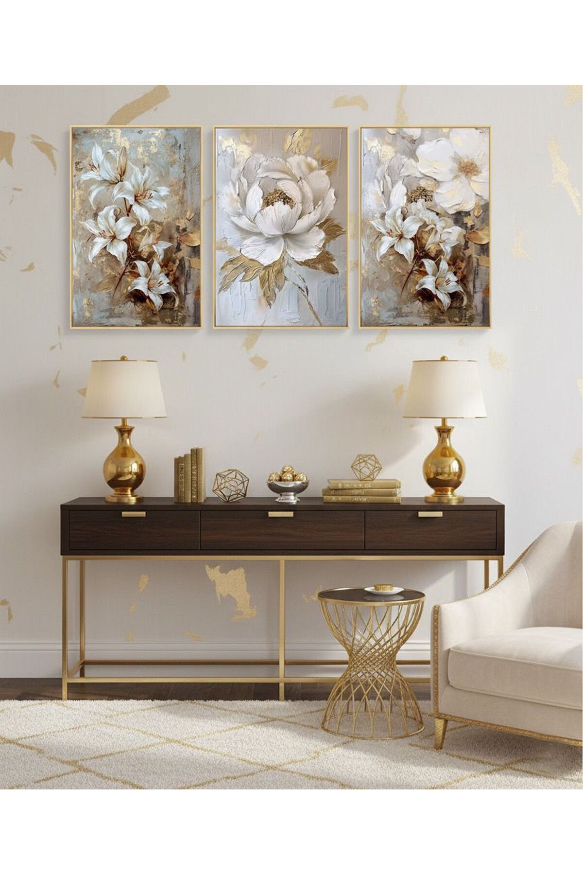 Üçlü Gold Metal Çerçeve Gümüş Çiçek Poster Cam Tablo Seti