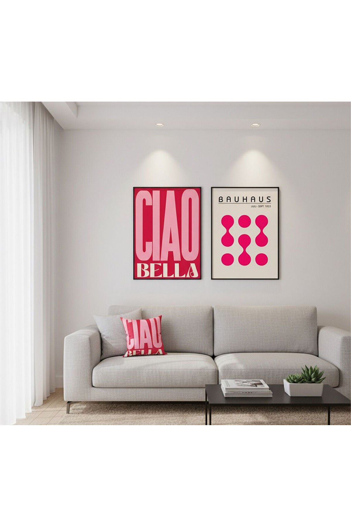 2li Siyah Metal Çerçeve Pembe Ciao Bella Cam Tablo Seti