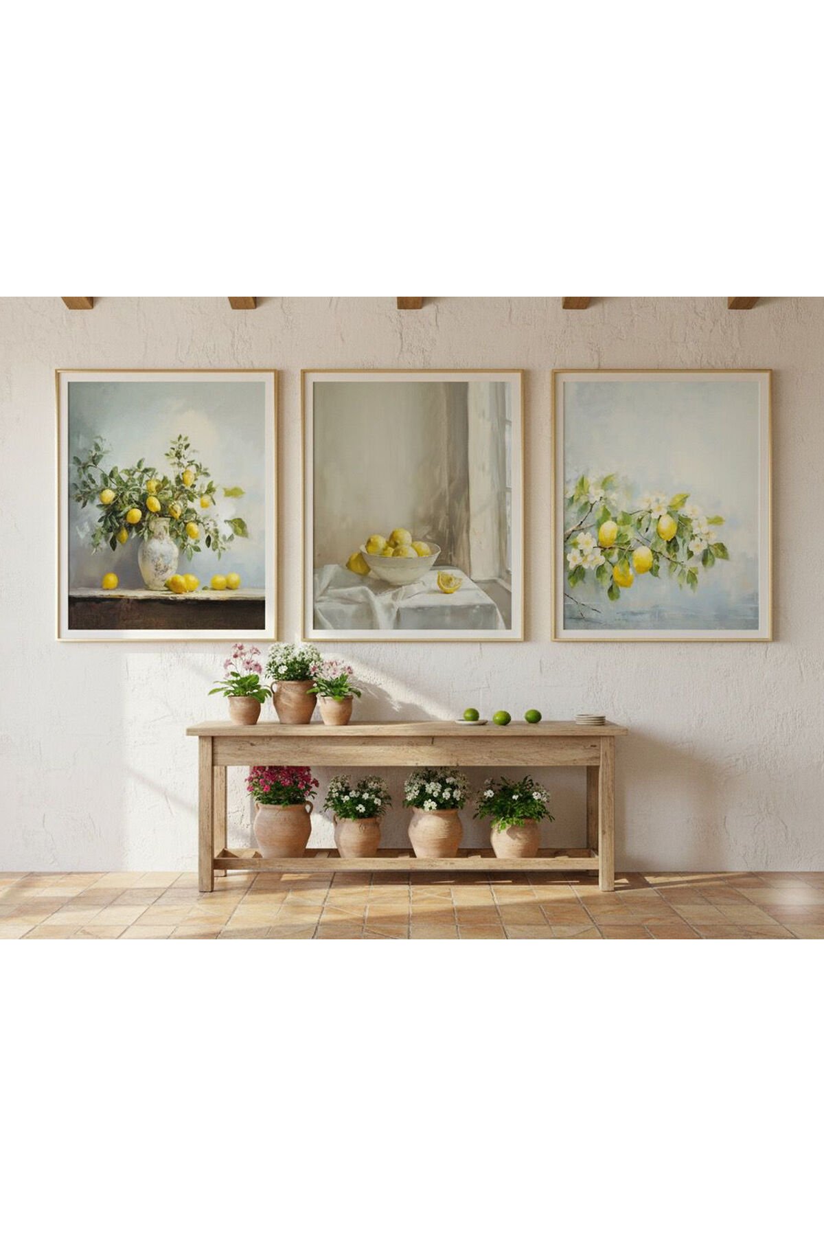 Üçlü Gold Metal Çerçeve Sarı Limon Poster Cam Tablo Seti
