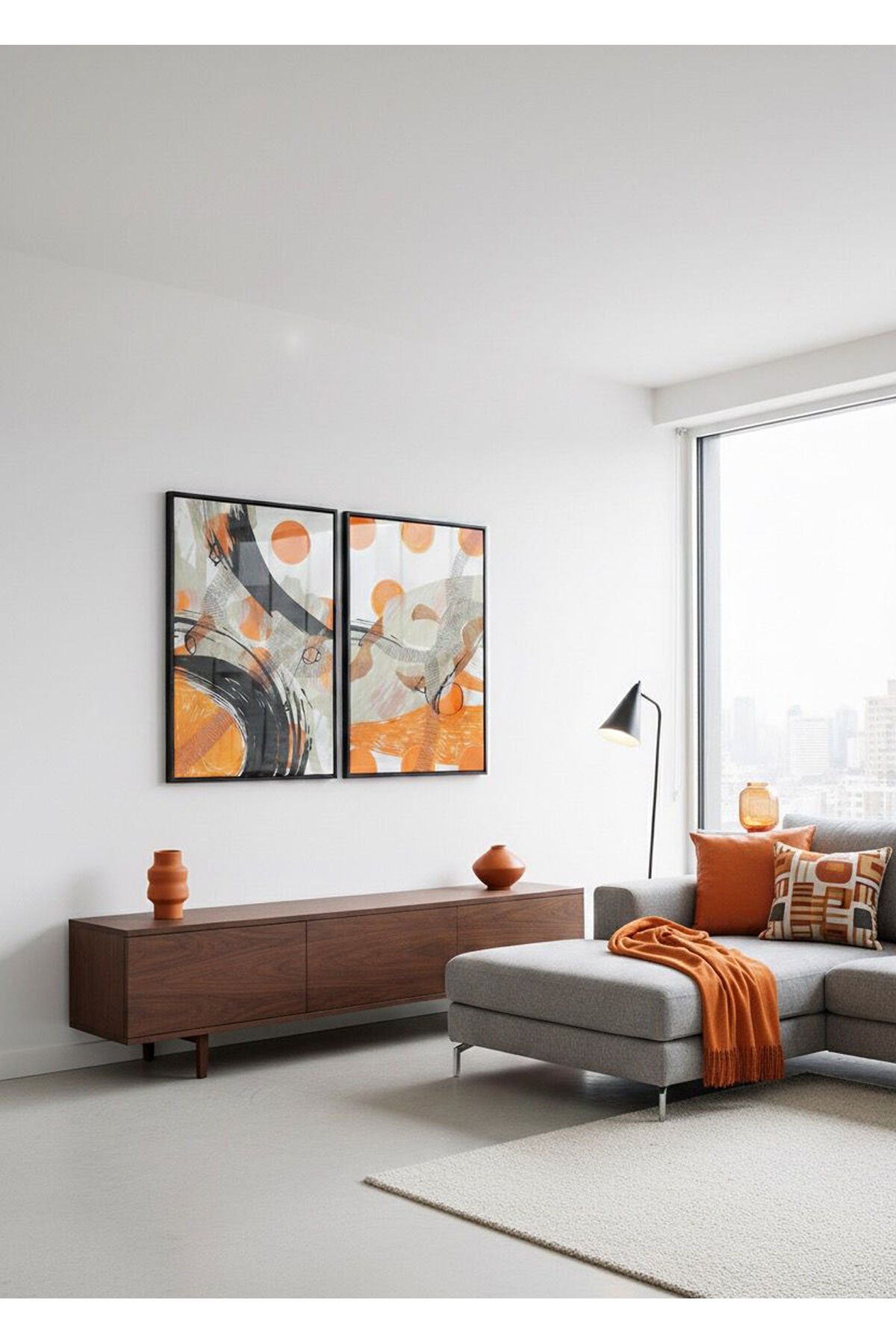 2li Siyah Metal Çerçeve Turuncu Sanatsal Cam Tablo Seti