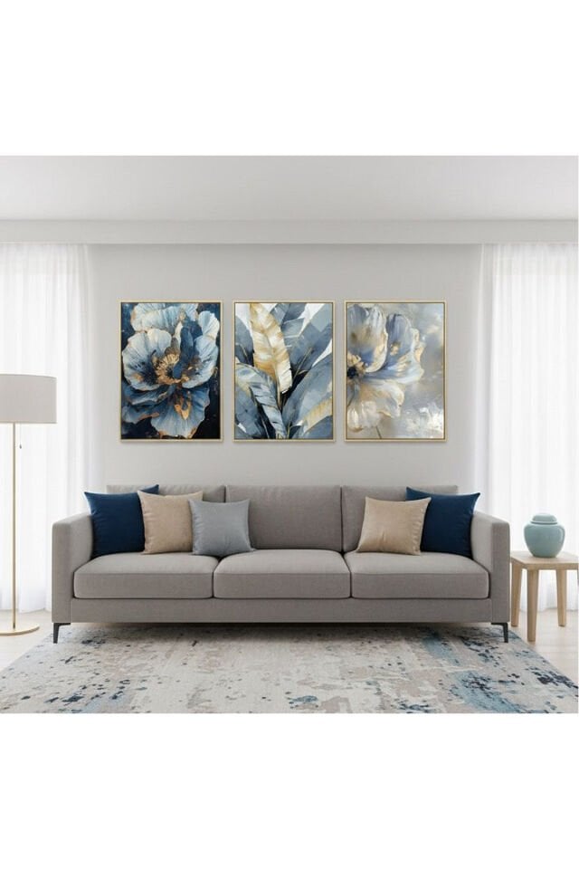 Üçlü Gold Metal Çerçeve Mavi Çiçek Yaprak Cam Tablo Seti