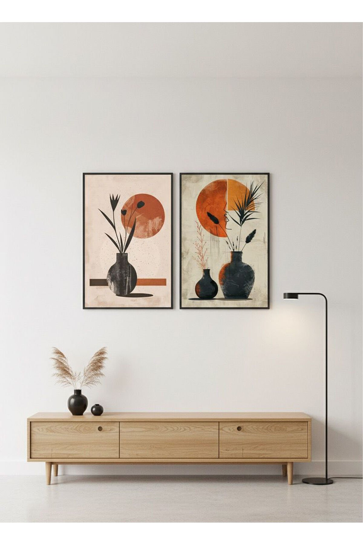 İkili Siyah Metal Çerçeve Saksı Turuncu Camlı Tablo Seti
