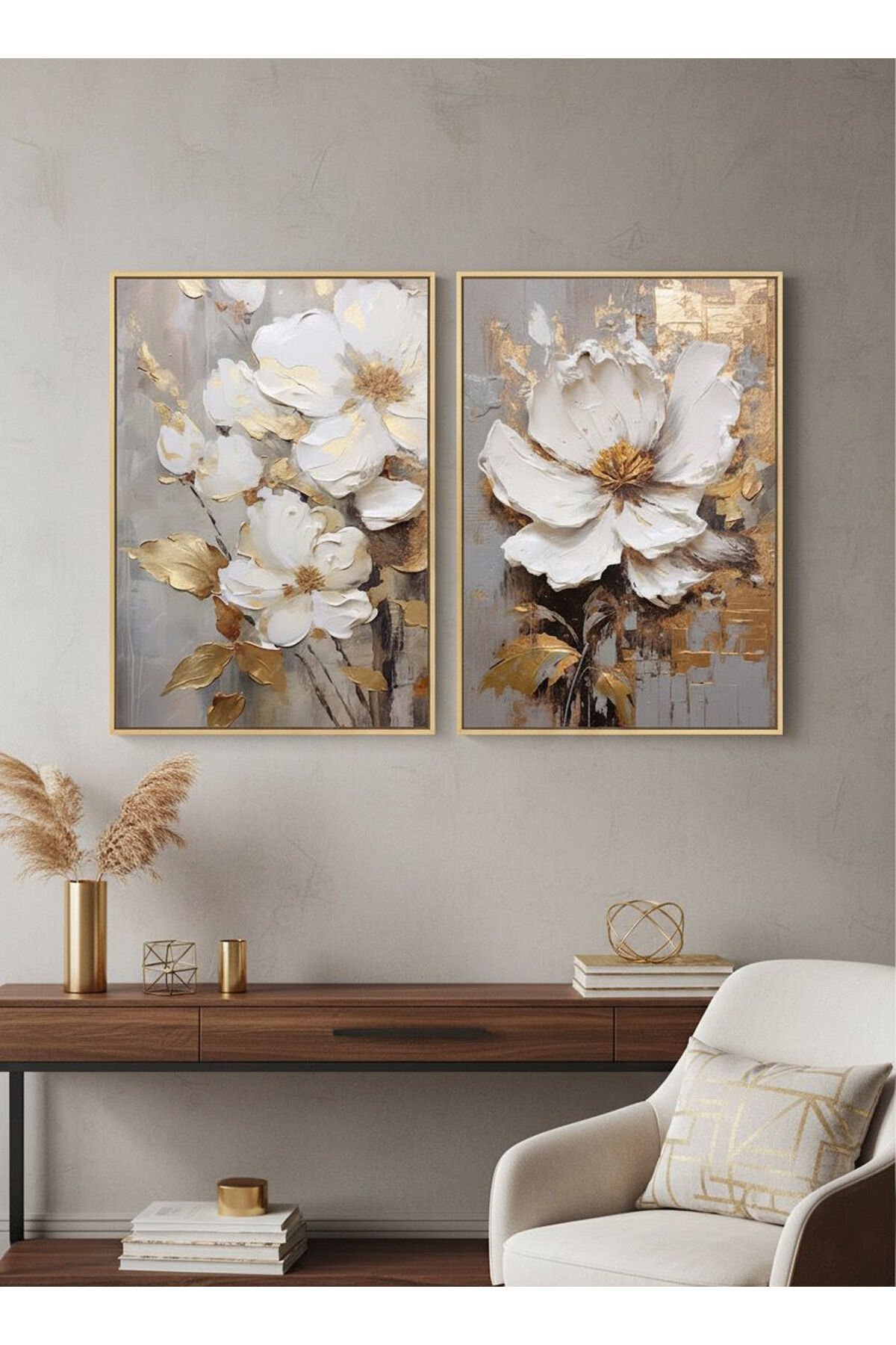 2li Gold Metal Çerçeve Gümüş Çiçek Camlı Tablo Seti