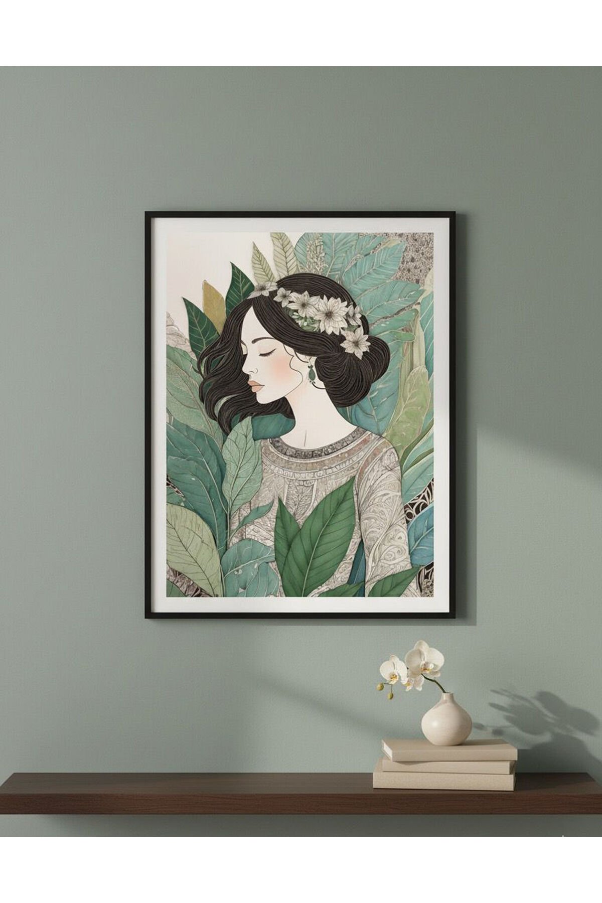 Tekli Siyah Metal Çerçeve Yeşil Kadın Gerçek Cam Tablo Seti