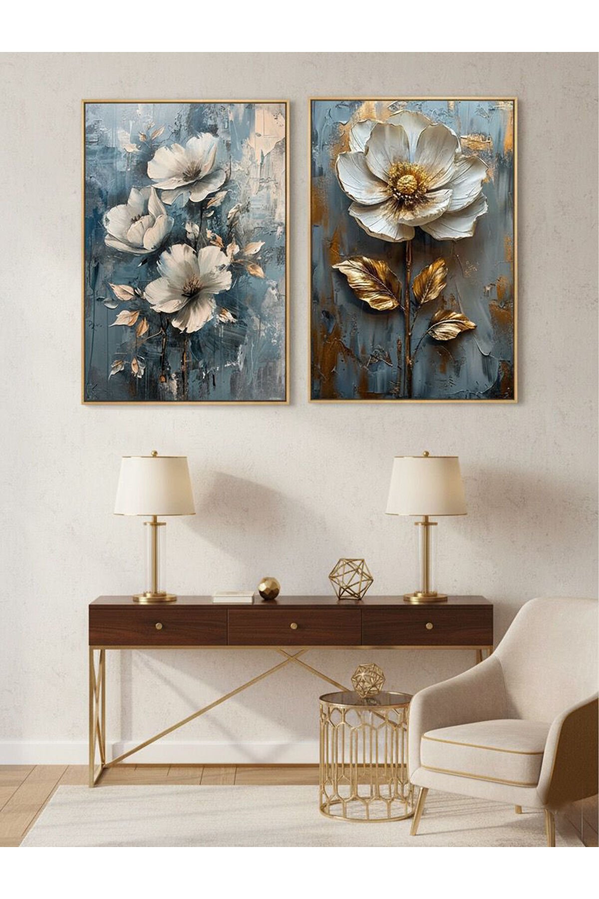 2li Gold Metal Çerçeve Mavi Çiçek Camlı Tablo Seti