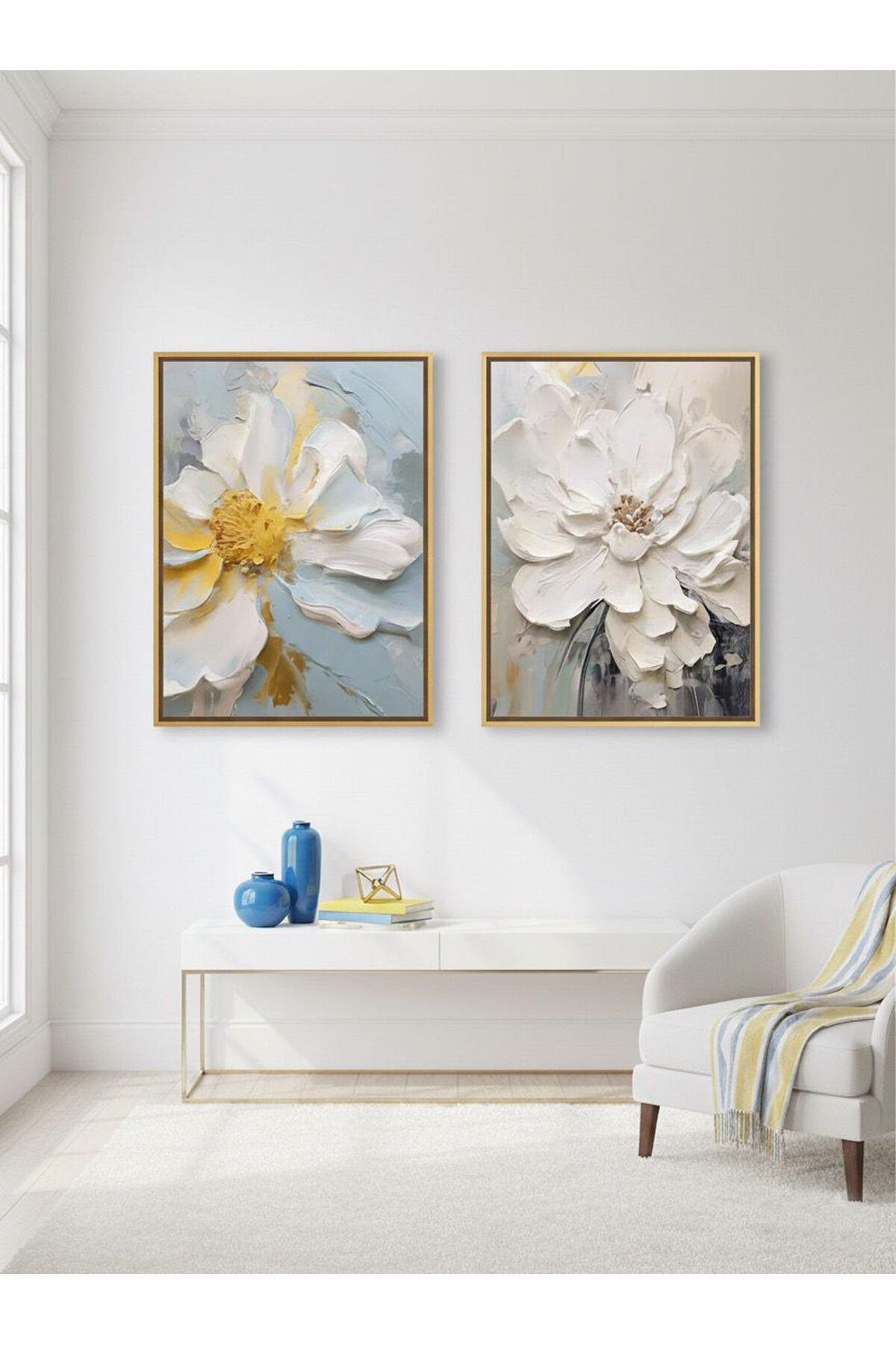 2li Gold Metal Çerçeve Mavi Beyaz Çiçek Camlı Tablo Seti
